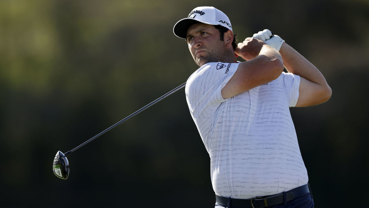 AUSTIN, TEXAS - MARCH 26: Jon Rahm of Spain plays his shot on the 16th hole in his match against Ryan Palmer of the United States during the third round of the World Golf Championships-Dell Technologies Match Play at Austin Country Club on March 26, 2021 in Austin, Texas.