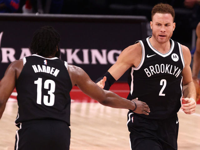 DETROIT, MICHIGAN - MARCH 26: Blake Griffin #2 of the Brooklyn Nets celebrates a second half basket with James Harden #13 while playing the Detroit Pistons at Little Caesars Arena on March 26, 2021 in Detroit, Michigan.