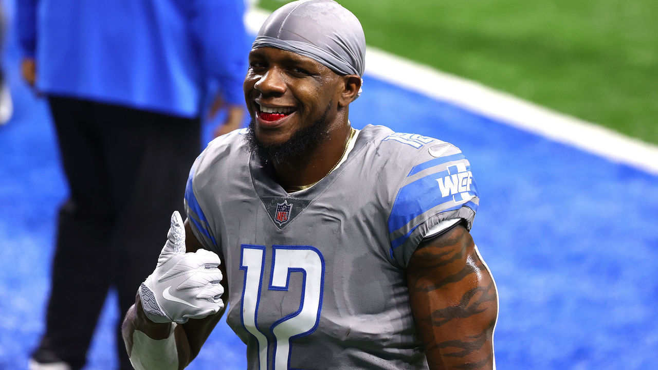 DETROIT, MICHIGAN - DECEMBER 26: Mohamed Sanu #12 of the Detroit Lions looks on prior to a game against the Tampa Bay Buccaneers at Ford Field on December 26, 2020 in Detroit, Michigan.