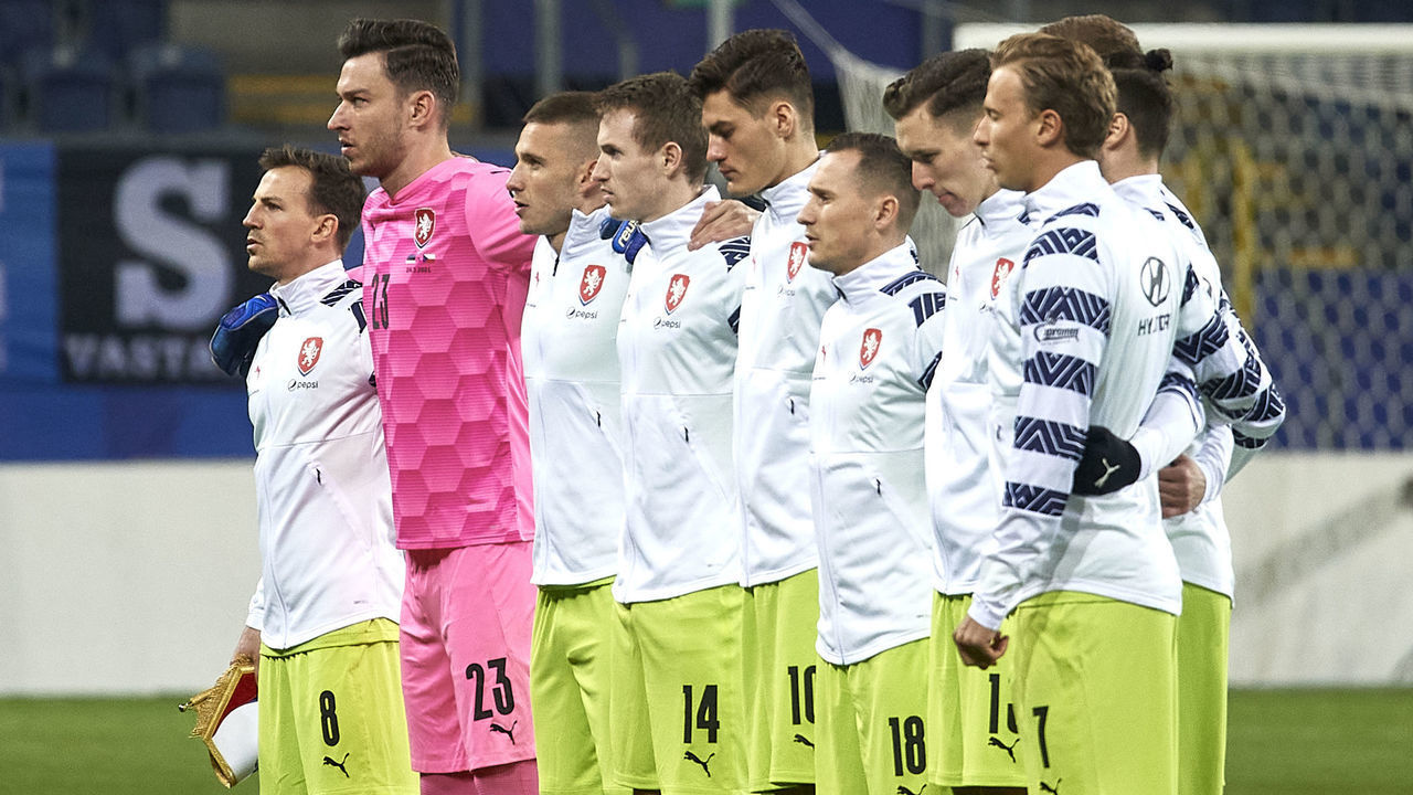 LUBLIN, POLAND - MARCH 24: Czech Republic"u2019s team while national anthem during the FIFA World Cup 2022 Qatar qualifying match between Estonia and Czech Republic on March 24, 2021 at Lublin Arena in Lublin, Poland.Sporting stadiums around Poland remain under strict restrictions due to the Coronavirus Pandemic as Government social distancing laws prohibit fans inside venues resulting in games being played behind closed doors."n