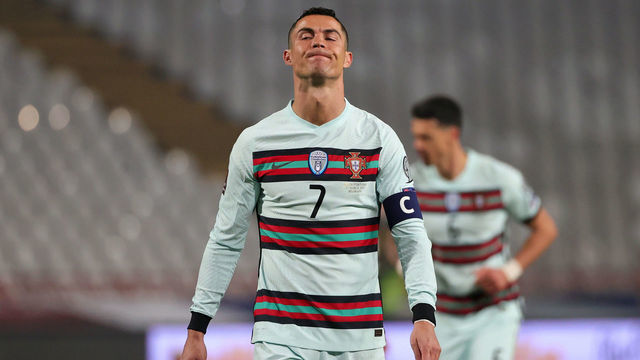BELGRADE, SERBIA - MARCH 27: Cristiano Ronaldo of Portugal reacts during the FIFA World Cup 2022 Qatar qualifying match between Serbia and Portugal at FK Crvena Zvezda stadium on March 27, 2021 in Belgrade, Serbia. Sporting stadiums around Serbia remain under strict restrictions due to the Coronavirus Pandemic as Government social distancing laws prohibit fans inside venues resulting in games being played behind closed doors.
