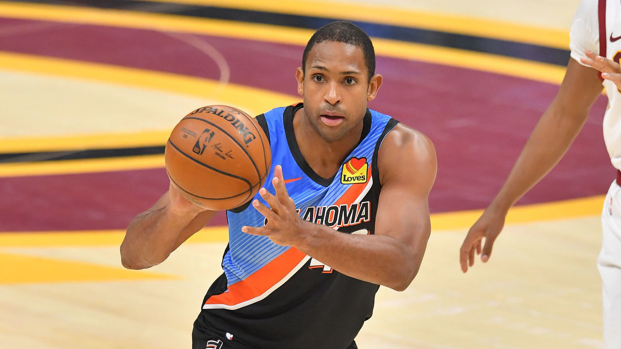 CLEVELAND, OHIO - FEBRUARY 21: Al Horford #42 of the Oklahoma City Thunder passes during the third quarter against the Cleveland Cavaliers at Rocket Mortgage Fieldhouse on February 21, 2021 in Cleveland, Ohio. NOTE TO USER: User expressly acknowledges and agrees that, by downloading and/or using this photograph, user is consenting to the terms and conditions of the Getty Images License Agreement.