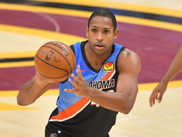 CLEVELAND, OHIO - FEBRUARY 21: Al Horford #42 of the Oklahoma City Thunder passes during the third quarter against the Cleveland Cavaliers at Rocket Mortgage Fieldhouse on February 21, 2021 in Cleveland, Ohio. NOTE TO USER: User expressly acknowledges and agrees that, by downloading and/or using this photograph, user is consenting to the terms and conditions of the Getty Images License Agreement.