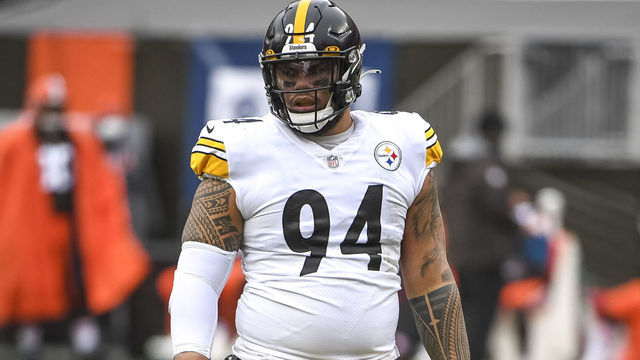 CLEVELAND, OHIO - JANUARY 03: Tyson Alualu #94 of the Pittsburgh Steelers looks on during the first quarter against the Cleveland Browns at FirstEnergy Stadium on January 03, 2021 in Cleveland, Ohio.