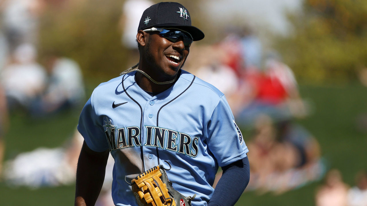 MESA, ARIZONA - MARCH 03: Kyle Lewis #1 of the Seattle Mariners reacts after the second inning against the Chicago Cubs on March 03, 2021 at Sloan Park in Mesa, Arizona.