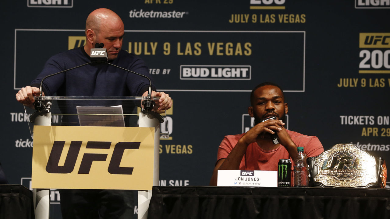 NEW YORK, NY - APRIL 27: Jon Jones speaks at a press conference with UFC president Dana White at a media availability for UFC 200 at Madison Square Garden on April 27, 2016 in New York City.
