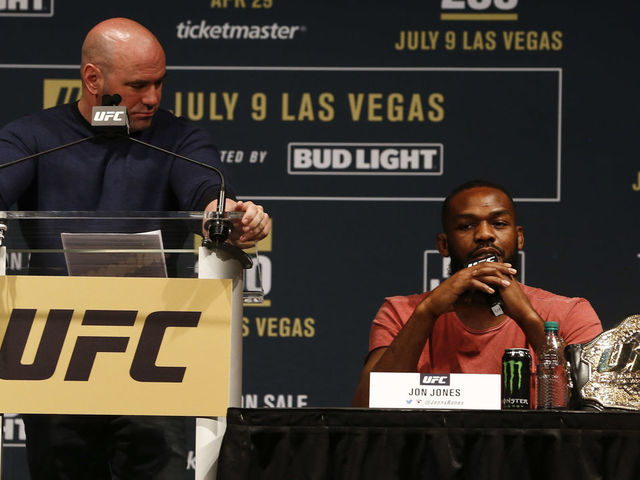 NEW YORK, NY - APRIL 27: Jon Jones speaks at a press conference with UFC president Dana White at a media availability for UFC 200 at Madison Square Garden on April 27, 2016 in New York City.