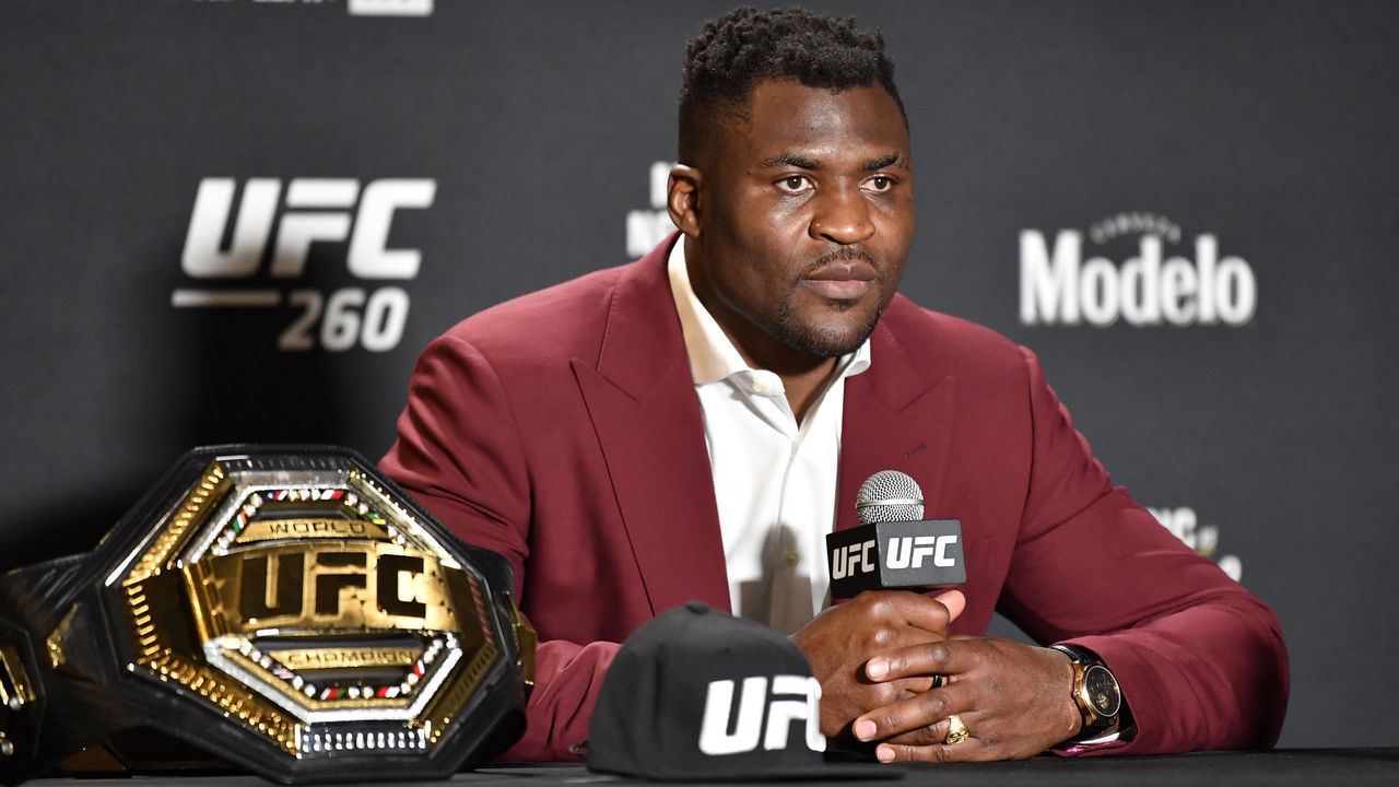 LAS VEGAS, NEVADA - MARCH 27: Francis Ngannou of Cameroon interacts with media after his victory over Stipe Miocic during the UFC 260 event at UFC APEX on March 27, 2021 in Las Vegas, Nevada.