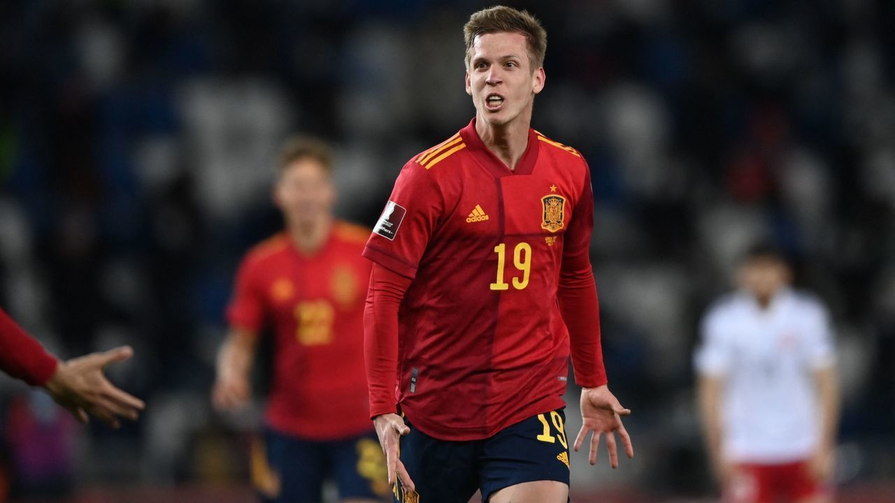 Spain's forward Daniel Olmo celebrates after scoring the team's second goal during the FIFA World Cup Qatar 2022 qualification football match Georgia v Spain in Tbilisi on March 28, 2021.