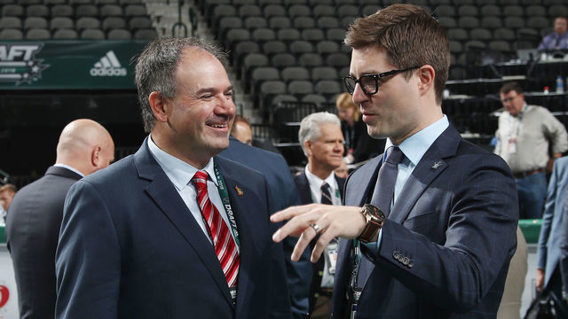 DALLAS, TX - JUNE 23: (l-r) Pierre Dorion and Kyle Dubas attend the 2018 NHL Draft at American Airlines Center on June 23, 2018 in Dallas, Texas.