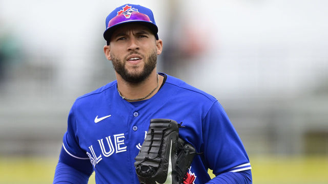DUNEDIN, FLORIDA - MARCH 21: George Springer #4 of the Toronto Blue Jays jogs off the field during the fifth inning against the New York Yankees during a spring training game at TD Ballpark on March 21, 2021 in Dunedin, Florida.