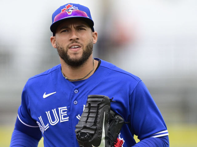 DUNEDIN, FLORIDA - MARCH 21: George Springer #4 of the Toronto Blue Jays jogs off the field during the fifth inning against the New York Yankees during a spring training game at TD Ballpark on March 21, 2021 in Dunedin, Florida.