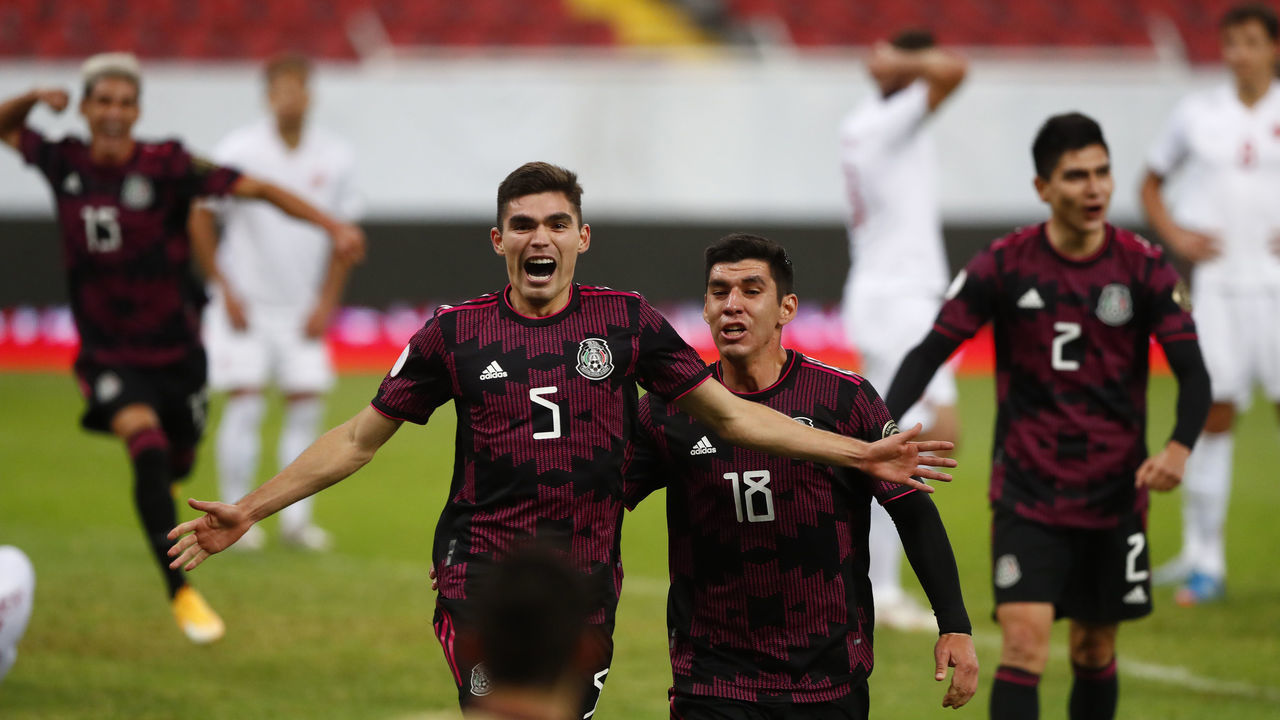 GUADALAJARA, MEXICO - MARCH 28: Johan Vásquez #05 of México celebrates the second goal of his team during the semifinals match between Mexico and Canada as part of the 2020 Concacaf Men's Olympic Qualifying at Jalisco Stadium on March 28, 2021 in Guadalajara, Mexico.
