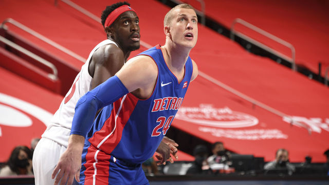 DETROIT, MI - MARCH 17: Pascal Siakam #43 of the Toronto Raptors and Mason Plumlee #24 of the Detroit Pistons fight for position during the game on March 17, 2021 at Little Caesars Arena in Detroit, Michigan. NOTE TO USER: User expressly acknowledges and agrees that, by downloading and/or using this photograph, User is consenting to the terms and conditions of the Getty Images License Agreement. Mandatory Copyright Notice: Copyright 2021 NBAE