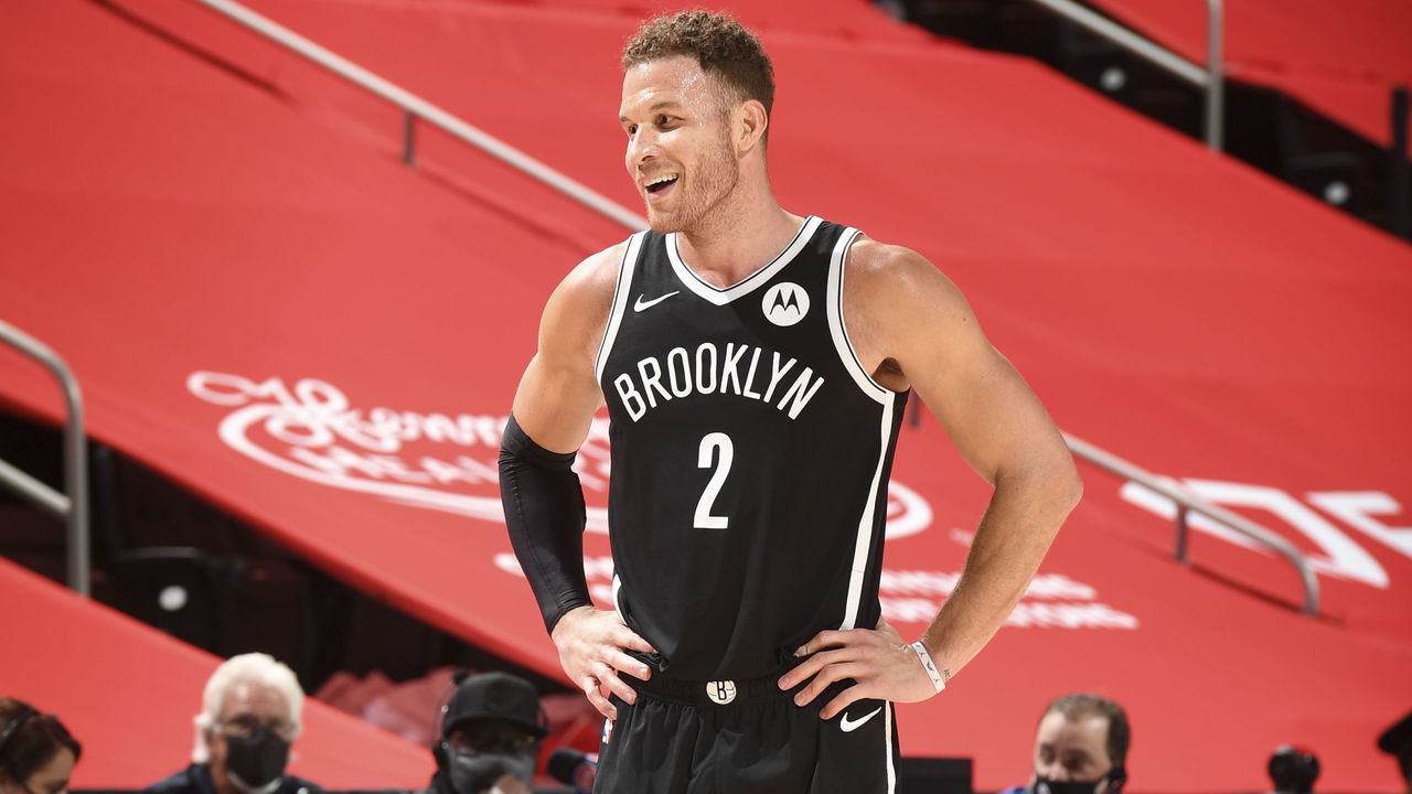 DETROIT, MI - MARCH 26: Blake Griffin #2 of the Brooklyn Nets smiles during the game against the Detroit Pistons on March 26, 2021 at Little Caesars Arena in Detroit, Michigan. NOTE TO USER: User expressly acknowledges and agrees that, by downloading and/or using this photograph, User is consenting to the terms and conditions of the Getty Images License Agreement. Mandatory Copyright Notice: Copyright 2021 NBAE