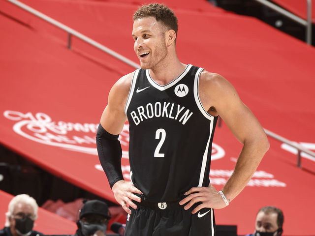 DETROIT, MI - MARCH 26: Blake Griffin #2 of the Brooklyn Nets smiles during the game against the Detroit Pistons on March 26, 2021 at Little Caesars Arena in Detroit, Michigan. NOTE TO USER: User expressly acknowledges and agrees that, by downloading and/or using this photograph, User is consenting to the terms and conditions of the Getty Images License Agreement. Mandatory Copyright Notice: Copyright 2021 NBAE