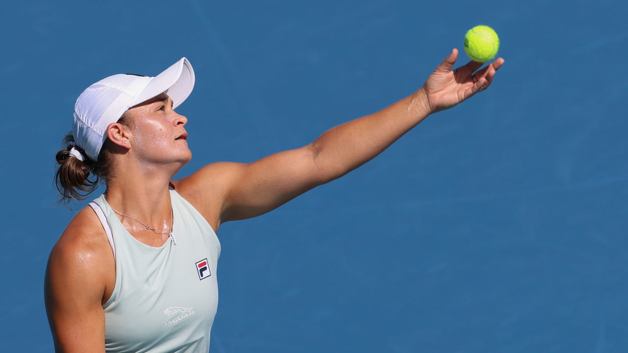 MIAMI GARDENS, FLORIDA - MARCH 27: Ashleigh Barty of Australia serves during her women's singles third round match against Jelena Ostapenko of Latvia on Day 6 of the 2021 Miami Open presented by Itaú at Hard Rock Stadium on March 27, 2021 in Miami Gardens, Florida.