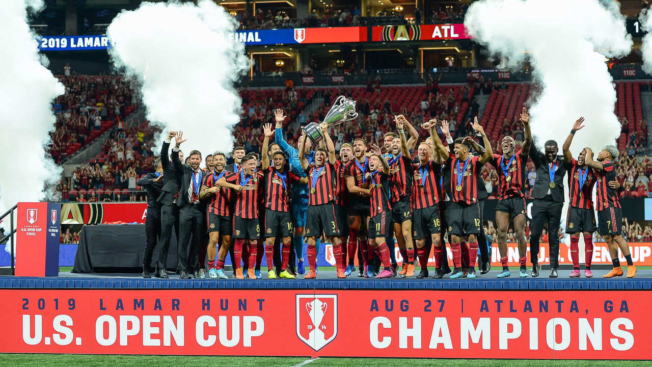 ATLANTA, GA AUGUST 27: Atlanta United players celebrate after winning the US Open Cup final match between Minnesota United FC and Atlanta United FC on August 27th, 2019 at Mercedes-Benz Stadium in Atlanta, GA.