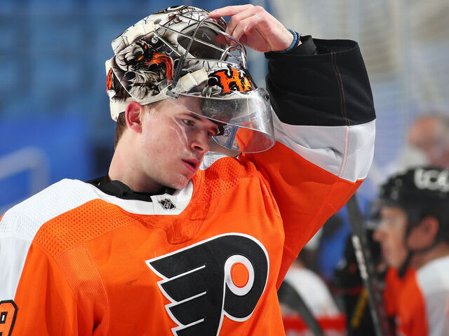 BUFFALO, NY - FEBRUARY 28: Carter Hart #79 of the Philadelphia Flyers prepares during an NHL game against the Buffalo Sabres on February 28, 2021 at KeyBank Center in Buffalo, New York. The Flyers won, 3-0.