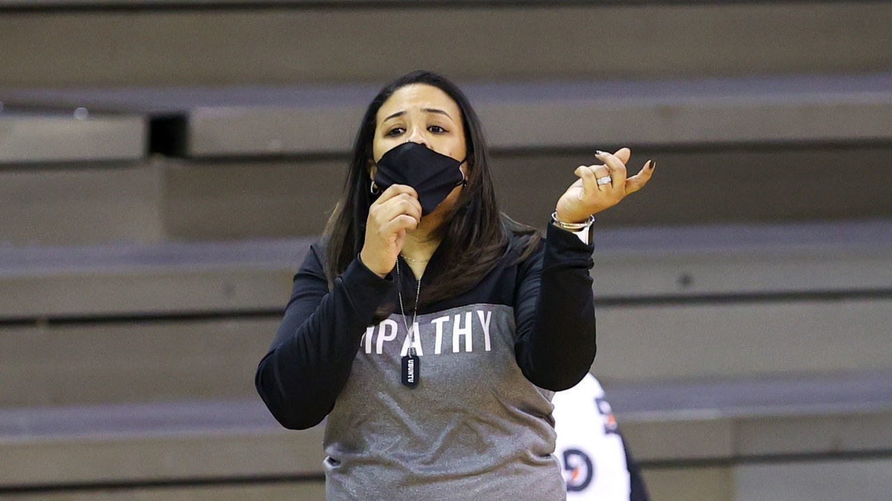 CLEVELAND, OH - JANUARY 09: Wright State Raiders head coach Katrina Merriweather on the sideline during the second quarter of the women's college basketball game between the Wright State Raiders and Cleveland State Vikings on January 9, 2021, at the Wolstein Center in Cleveland, OH.