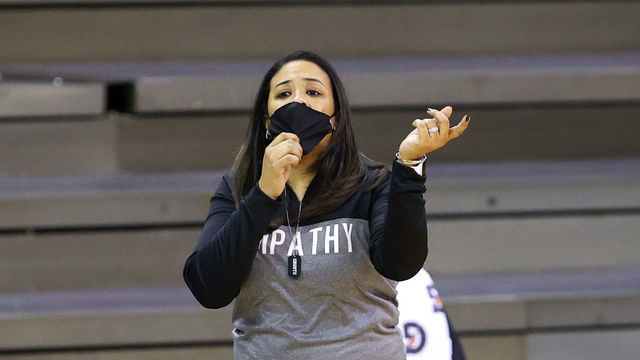 CLEVELAND, OH - JANUARY 09: Wright State Raiders head coach Katrina Merriweather on the sideline during the second quarter of the women's college basketball game between the Wright State Raiders and Cleveland State Vikings on January 9, 2021, at the Wolstein Center in Cleveland, OH.