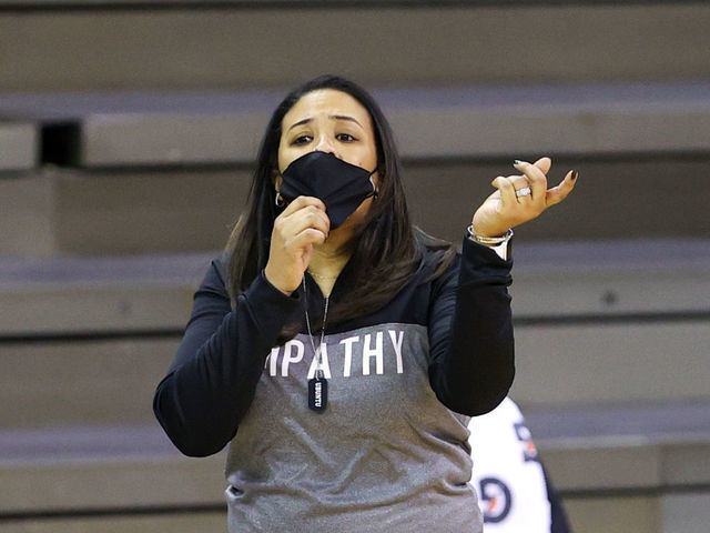 CLEVELAND, OH - JANUARY 09: Wright State Raiders head coach Katrina Merriweather on the sideline during the second quarter of the women's college basketball game between the Wright State Raiders and Cleveland State Vikings on January 9, 2021, at the Wolstein Center in Cleveland, OH.
