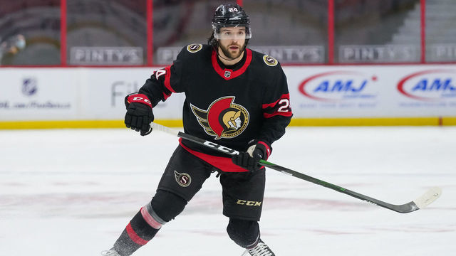 OTTAWA, ON - MARCH 17: Christian Wolanin #24 of the Ottawa Senators skates against the Vancouver Canucks at Canadian Tire Centre on March 17, 2021 in Ottawa, Ontario, Canada.