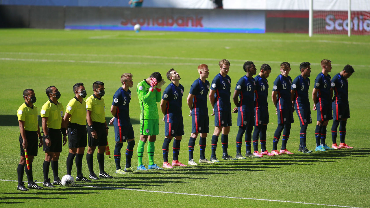 GUADALAJARA, MEXICO - MARCH 28: Players of USA line up at the ceremony prior to the semifinals match between Honduras and USA as part of the 2020 Concacaf Men's Olympic Qualifying at Jalisco Stadium on March 28, 2021 in Guadalajara, Mexico.