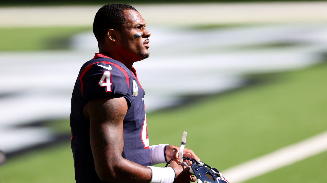 HOUSTON, TEXAS - NOVEMBER 22: Deshaun Watson #4 of the Houston Texans looks on prior to their game against the New England Patriots at NRG Stadium on November 22, 2020 in Houston, Texas.