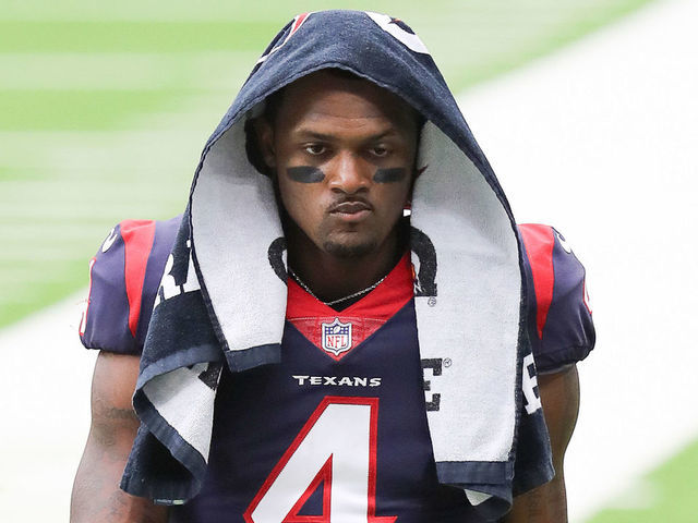 HOUSTON, TEXAS - OCTOBER 04: Deshaun Watson #4 of the Houston Texans walks to the locker room at halftime against the Minnesota Vikings at NRG Stadium on October 04, 2020 in Houston, Texas.