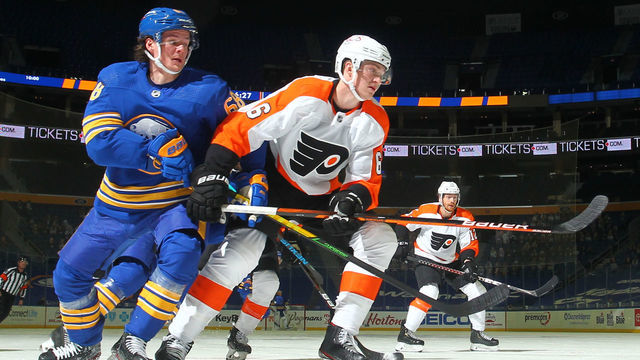 BUFFALO, NY - MARCH 29: Victor Olofsson #68 of the Buffalo Sabres battles for position with Travis Sanheim #6 of the Philadelphia Flyers during an NHL game on March 29, 2021 at KeyBank Center in Buffalo, New York.