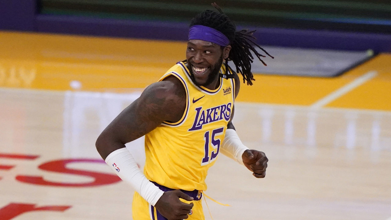 Los Angeles, CA - March 26: Montrezl Harrell #15 of the Los Angeles Lakers smiles after scoring against the Cleveland Cavaliers in the first half of a NBA basketball game at the Staples Center in Los Angeles on Friday, March 26, 2021.
