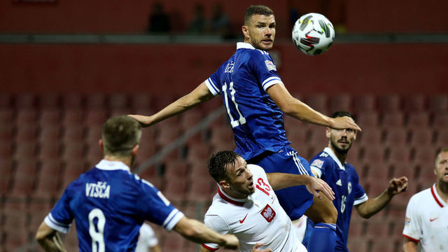 ZENICA, Sept. 8, 2020 -- Edin Dzeko top of Bosnia and Herzegovina competes during the UEFA Nations League football match between BiH and Poland in Zenica, Bosnia and Herzegovina, on Sept. 7, 2020.