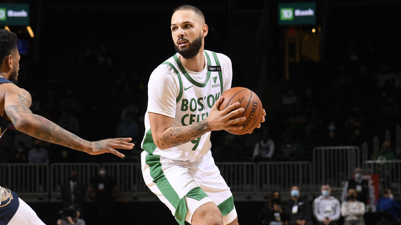 BOSTON, MA - MARCH 29: Evan Fournier #94 of the Boston Celtics dribbles the ball during the game against the New Orleans Pelicans on March 29, 2021 at the TD Garden in Boston, Massachusetts. Mandatory Copyright Notice: Copyright 2021 NBAE