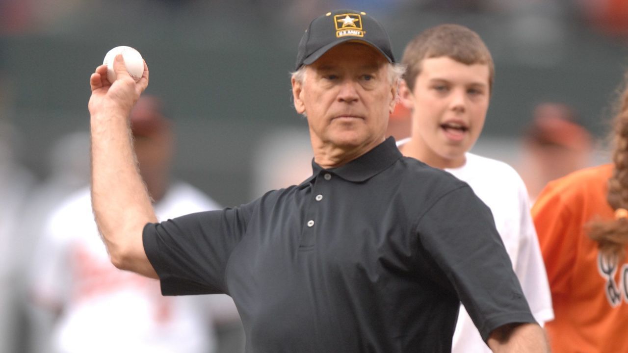 BALTIMORE - APRIL 06: Vice-President Joe Biden of the United States throws out the first pitch during opening day of the Baltimore Orioles game against the New York Yankees at Camden Yards in Baltimore, Maryland on April 6, 2009. The Orioles defeated the New York Yankees 10-5.