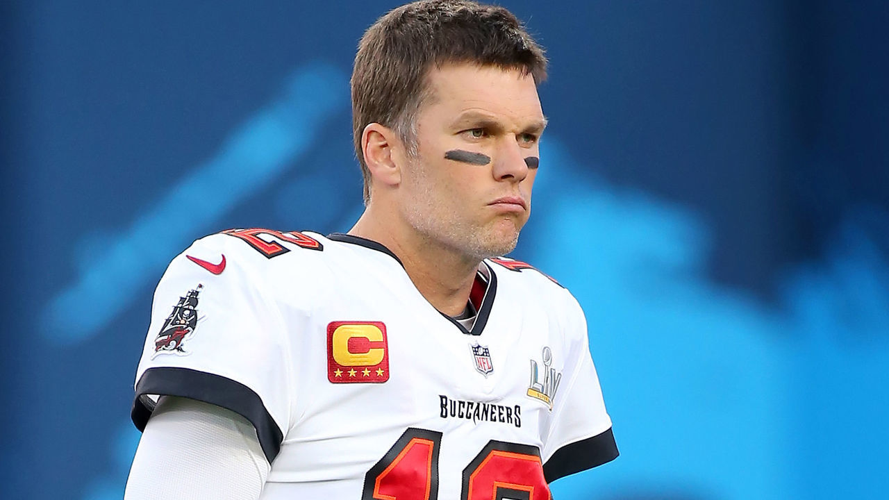 TAMPA, FL - FEBRUARY 07: Tom Brady (12) of the Buccaneers intensely walks around the end zone during the Super Bowl LV game between the Kansas City Chiefs and the Tampa Bay Buccaneers on February 7, 2021 at Raymond James Stadium, in Tampa, FL.