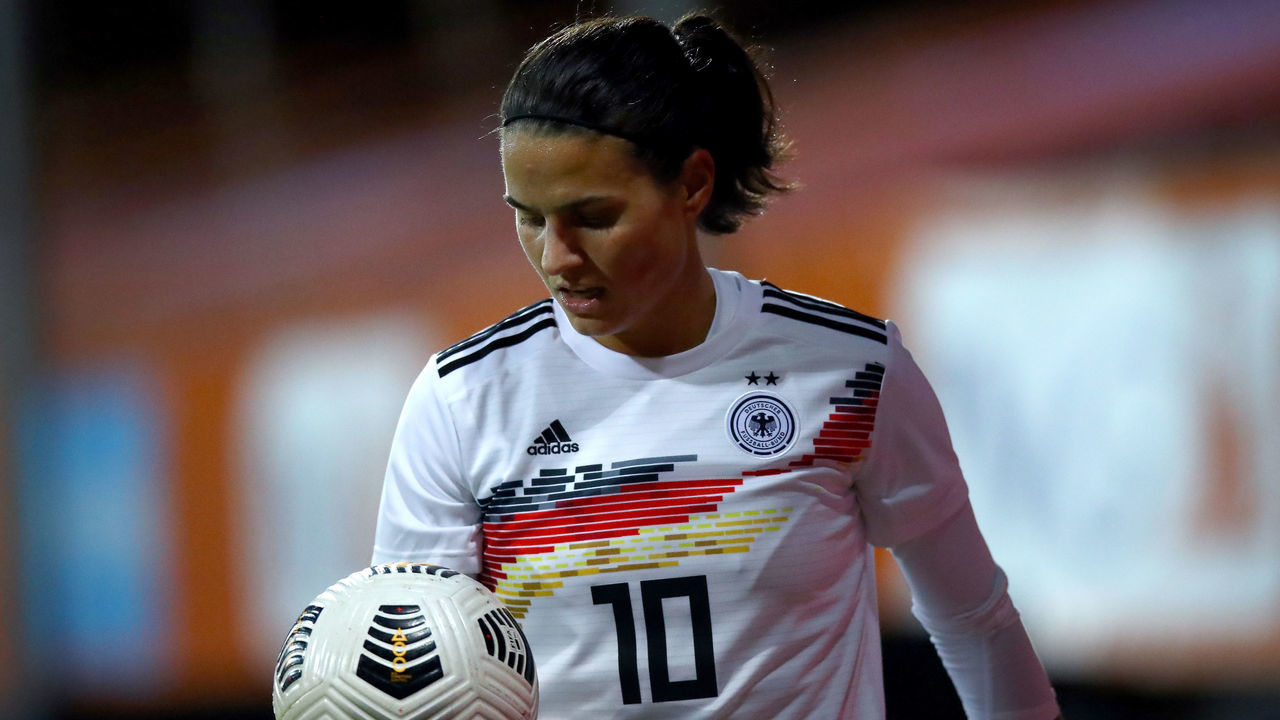 VENLO, NETHERLANDS - FEBRUARY 24: Dzsenifer Marozsan of Germany looks on during the Three Nations One Goal Tournament football match between Netherlands Women and Germany Women at Covebo Stadion – De Koel on February 24, 2021 in Venlo, Netherlands.