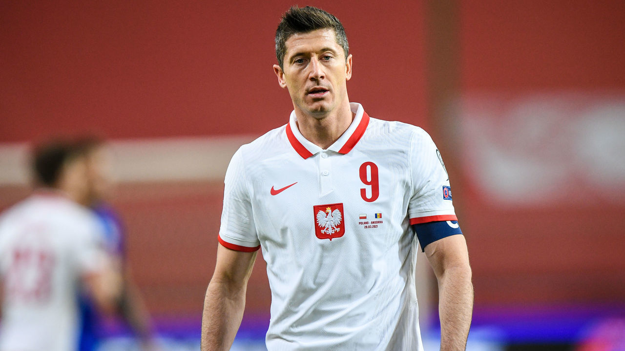 WARSAW, POLAND - MARCH 28: Robert Lewandowski of Poland looks on during the FIFA World Cup 2022 Qatar qualifying match between Poland and Andorra on March 28, 2021 in Warsaw, Poland.