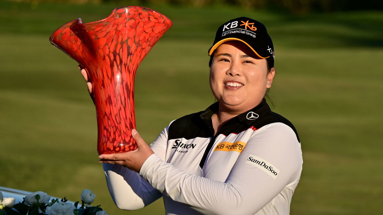 CARLSBAD, CA - MARCH 28: Inbee Park of South Korea holds the winners trophy after her -14 under par victory during the Final Round of the KIA Classic at the Aviara Golf Club on March 28, 2021 in Carlsbad, California.