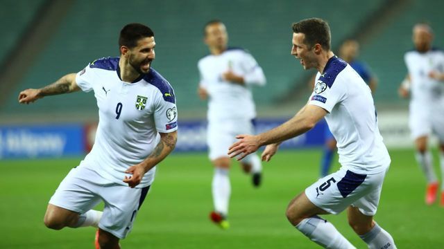 BAKU, AZERBAIJAN - MARCH 30: Aleksandar Mitrovic (9) of Serbia celebrates with his team mates after scoring a goal during the FIFA World Cup Qatar 2022 qualification Group A match between Azerbaijan and Serbia at the Baku Olympic Stadium in Baku, Azerbaijan on March 30, 2021.