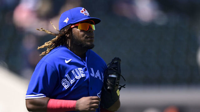LAKELAND, FLORIDA - MARCH 04: Vladimir Guerrero Jr. #27 of the Toronto Blue Jays walks on the field during the third inning against the Detroit Tigers during a spring training game at Publix Field at Joker Marchant Stadium on March 04, 2021 in Lakeland, Florida.