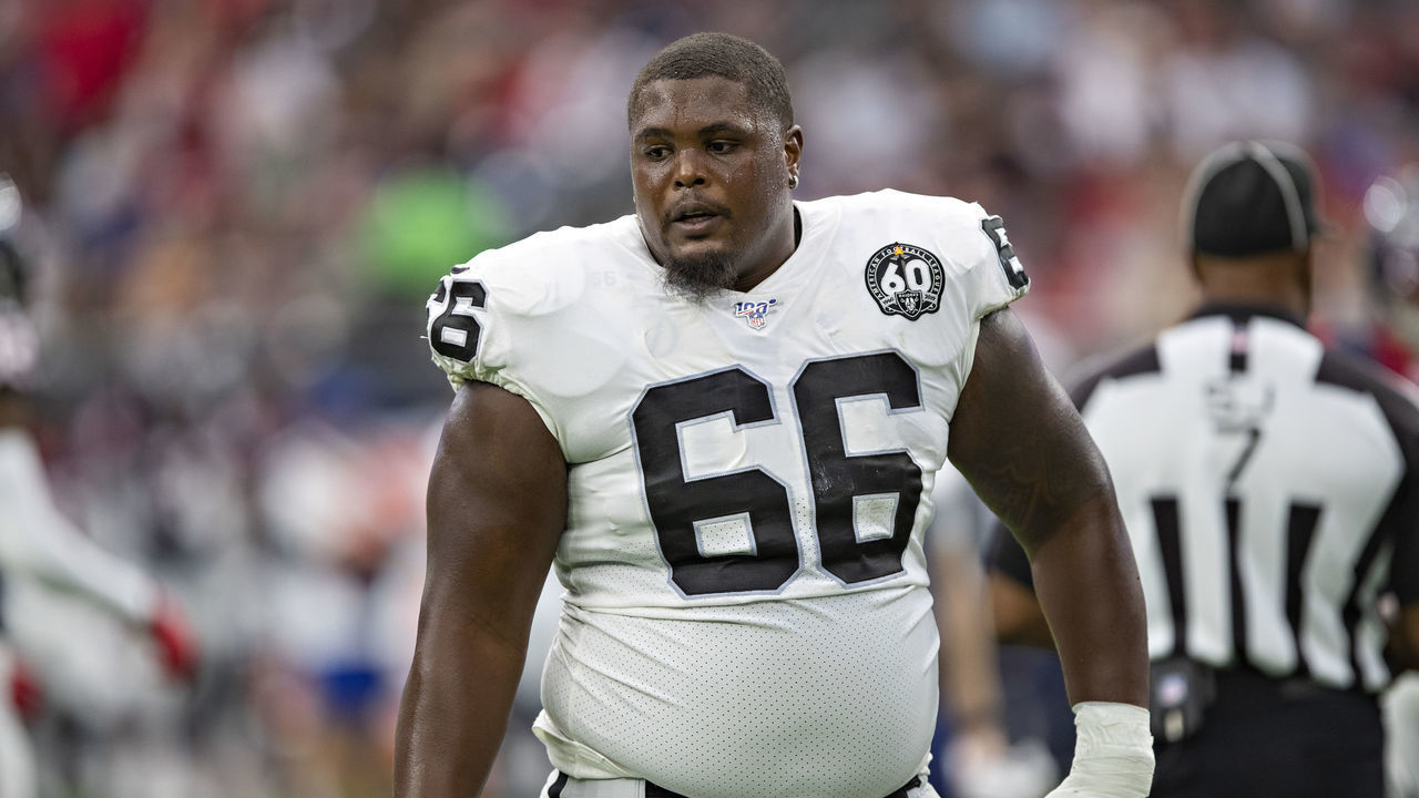 HOUSTON, TX - OCTOBER 27: Gabe Jackson #66 of the Oakland Raiders on the sidelines during a game against the Houston Texans at NRG Stadium on October 27, 2019 in Houston, Texas. The Texans defeated the Raiders 27-24.