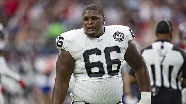 HOUSTON, TX - OCTOBER 27: Gabe Jackson #66 of the Oakland Raiders on the sidelines during a game against the Houston Texans at NRG Stadium on October 27, 2019 in Houston, Texas. The Texans defeated the Raiders 27-24.