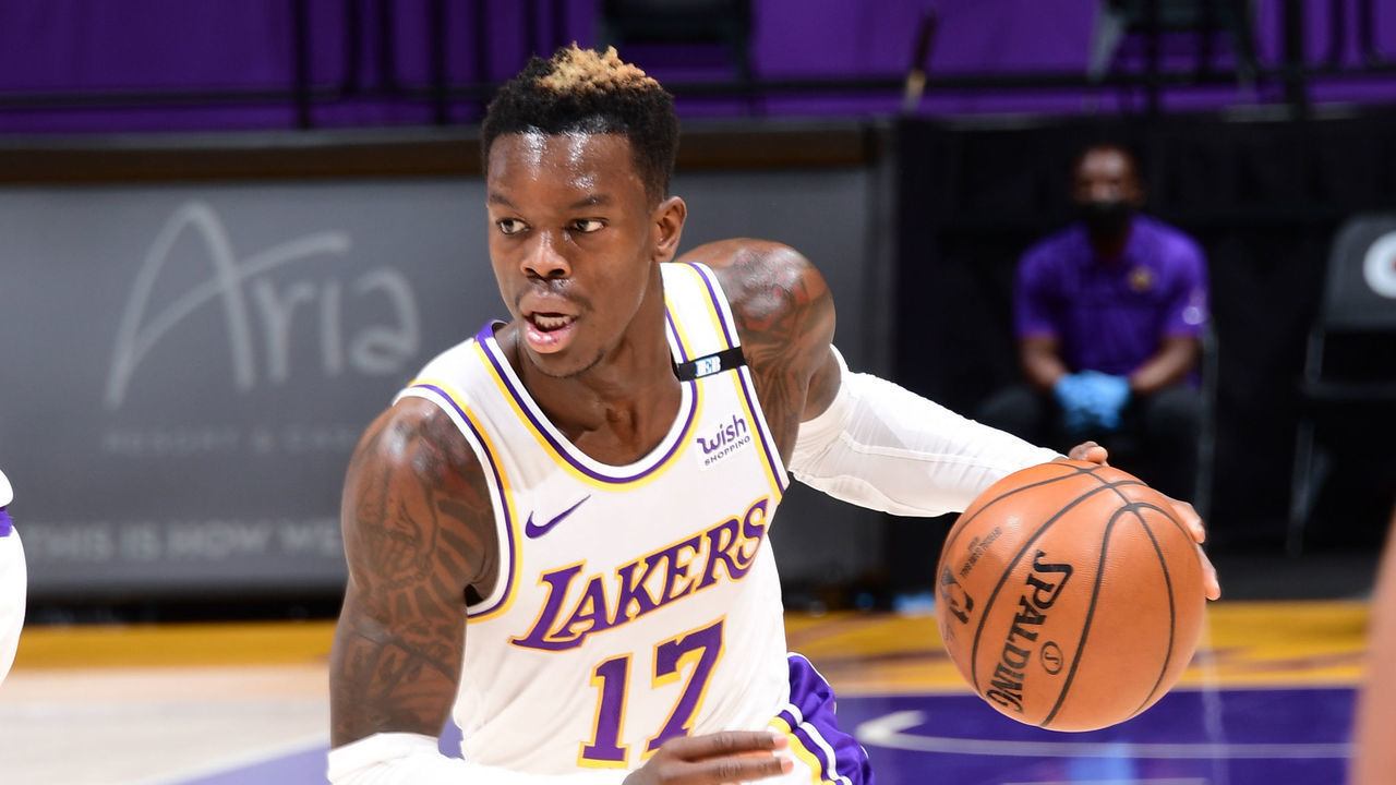 LOS ANGELES, CA - MARCH 28: Dennis Schroder #17 of the Los Angeles Lakers handles the ball against the Orlando Magic on March, 28, 2021 at STAPLES Center in Los Angeles, California. NOTE TO USER: User expressly acknowledges and agrees that, by downloading and/or using this Photograph, user is consenting to the terms and conditions of the Getty Images License Agreement. Mandatory Copyright Notice: Copyright 2021 NBAE