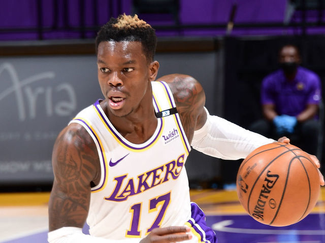 LOS ANGELES, CA - MARCH 28: Dennis Schroder #17 of the Los Angeles Lakers handles the ball against the Orlando Magic on March, 28, 2021 at STAPLES Center in Los Angeles, California. NOTE TO USER: User expressly acknowledges and agrees that, by downloading and/or using this Photograph, user is consenting to the terms and conditions of the Getty Images License Agreement. Mandatory Copyright Notice: Copyright 2021 NBAE