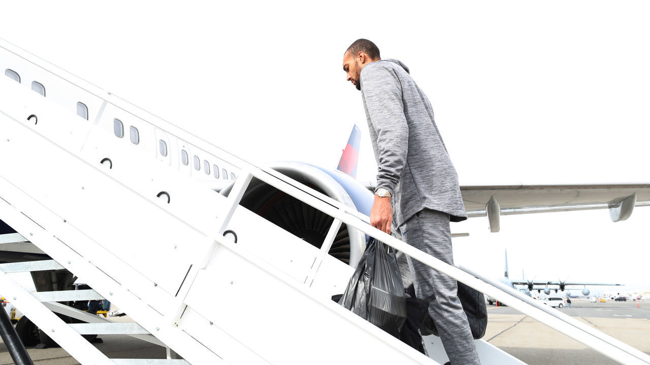 SALT LAKE CITY, UT - MARCH 05: Rudy Gobert #27 of the Utah Jazz arrives to the charter plane on the way to play the New Orleans Pelicans on March 05, 2019 in Salt Lake City, Utah. Mandatory Copyright Notice: Copyright 2019 NBAE