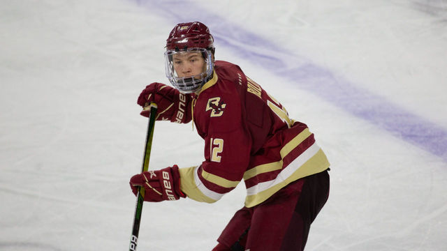 LOWELL, MA - FEBRUARY 13: Matt Boldy #12 of the Boston College Eagles skates against the Massachusetts Lowell River Hawks during NCAA men's hockey at the Tsongas Center on February 13, 2021 in Lowell, Massachusetts. The Eagles won 4-3.