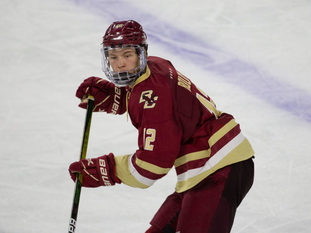 LOWELL, MA - FEBRUARY 13: Matt Boldy #12 of the Boston College Eagles skates against the Massachusetts Lowell River Hawks during NCAA men's hockey at the Tsongas Center on February 13, 2021 in Lowell, Massachusetts. The Eagles won 4-3.
