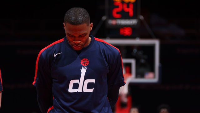 WASHINGTON, DC - MARCH 30: Russell Westbrook #4 of the Washington Wizards stands for the National Anthem prior to a game against the Charlotte Hornets on March 30, 2021 at Capital One Arena in Washington, DC. Mandatory Copyright Notice: Copyright 2021 NBAE