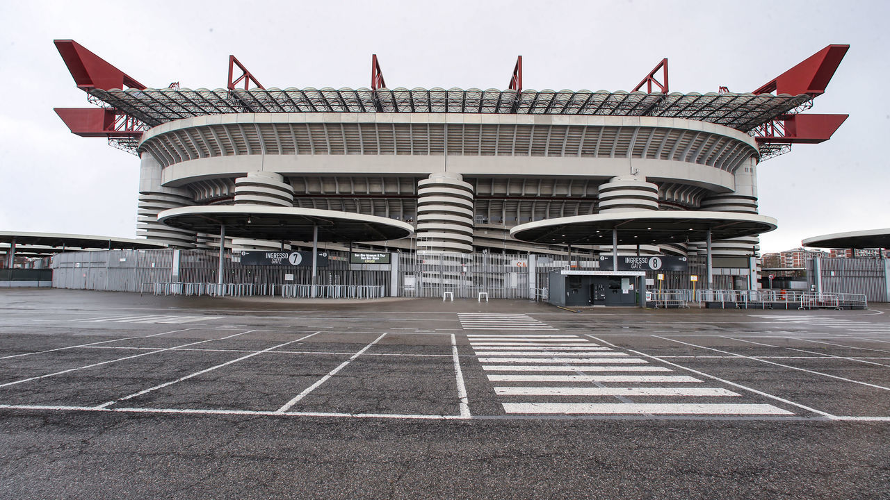 MILAN, ITALY - MARCH 18: A general view of the exterior of the stadium prior to the UEFA Europa League Round of 16 Second Leg match between AC Milan and Manchester United at San Siro on March 18, 2021 in Milan, Italy. Sporting stadiums around Europe remain under strict restrictions due to the Coronavirus Pandemic as Government social distancing laws prohibit fans inside venues resulting in games being played behind closed doors.